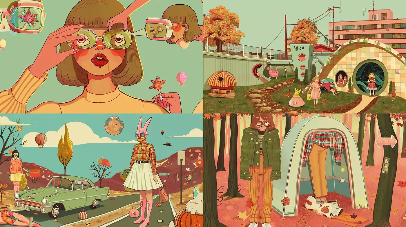 Whimsical Autumn Reverie in a Retro Illustrative Style - Midjourney sref style