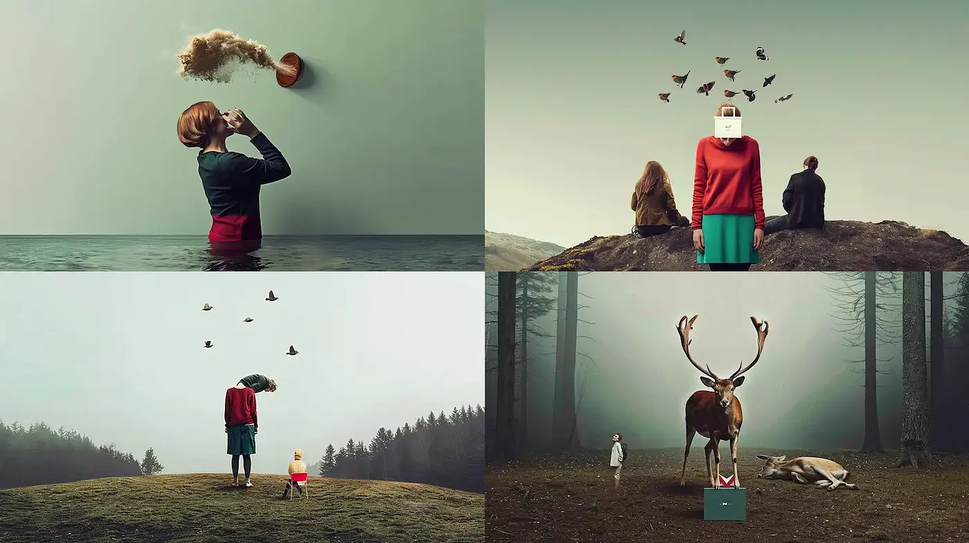 Surreal and contemplative imagery blending dreamlike elements with a touch of whimsy - Midjourney sref style