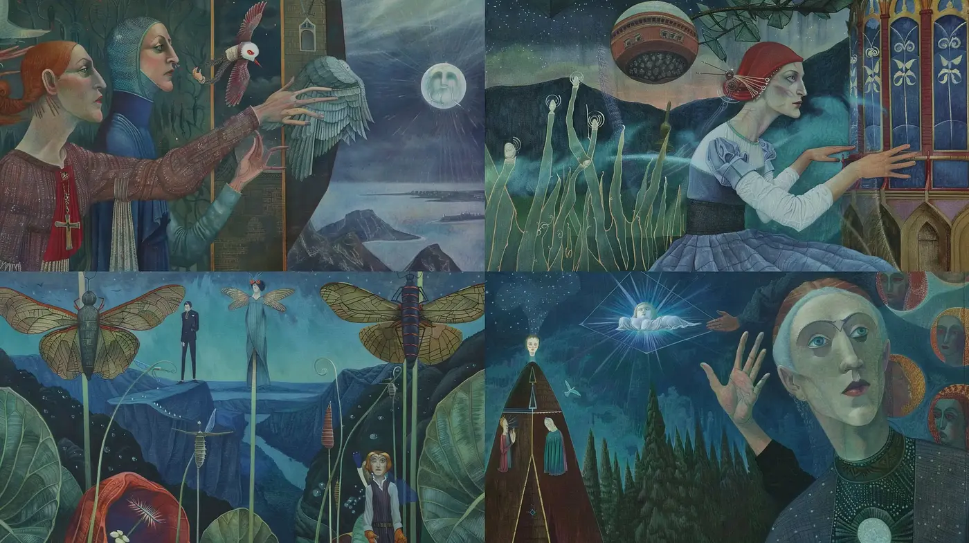 Surreal Dreamscape in Enigmatic Blues: A Homage to Mystical Narrative Artistry - Midjourney sref style