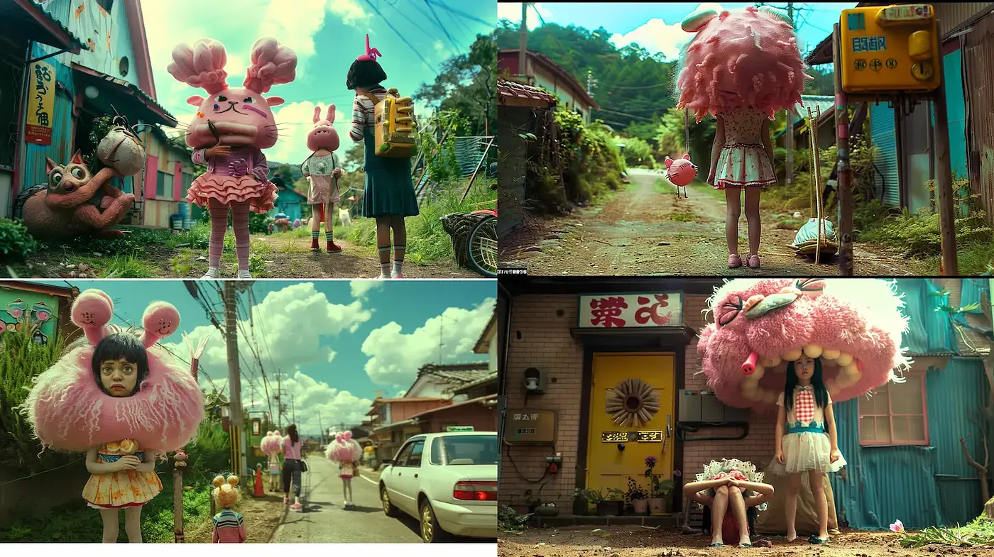 Whimsical fusion of surreal characters and vibrant landscapes in a nostalgic setting - Midjourney sref style