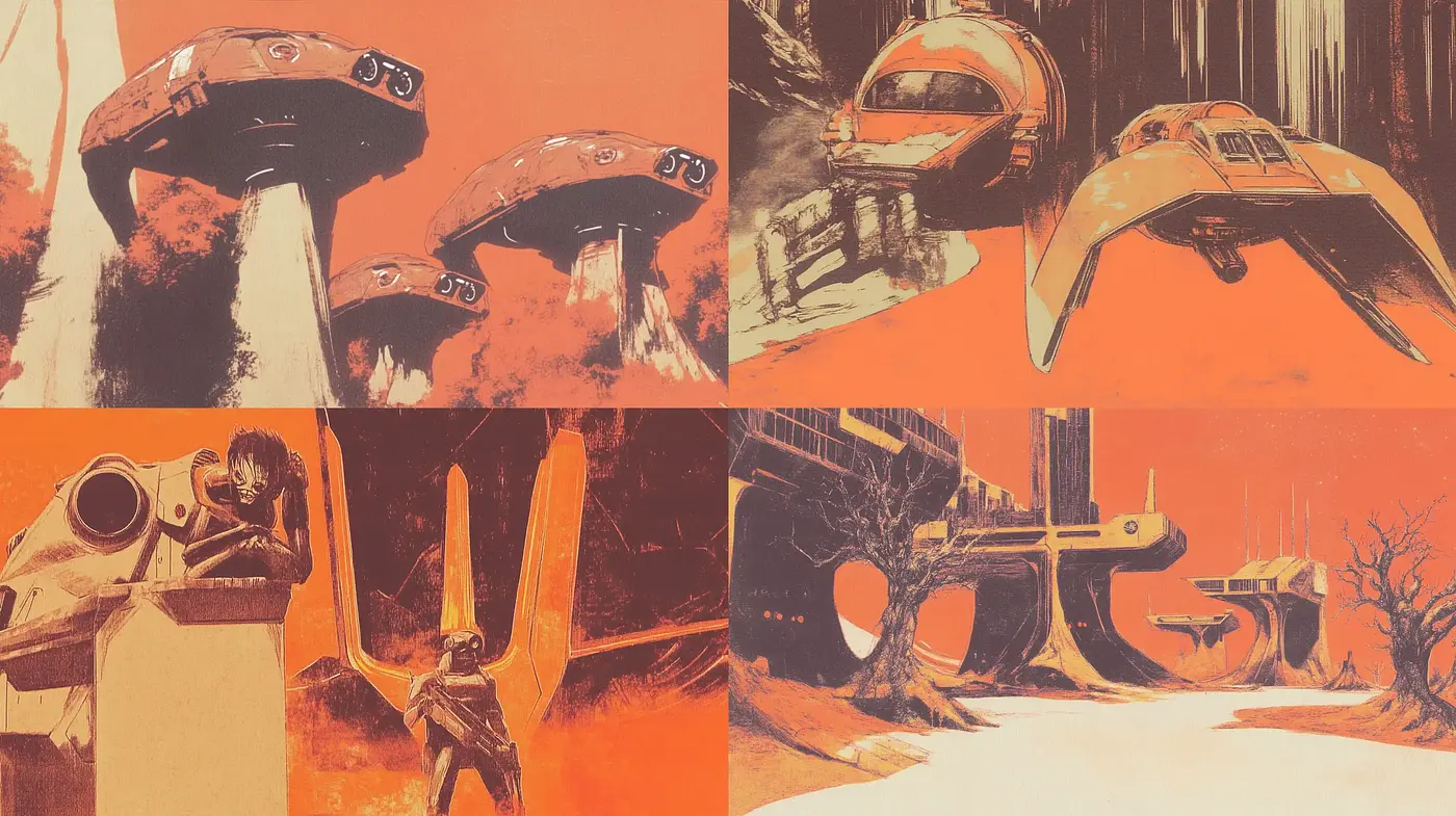 Retro Sci-Fi Dreamscape in Sepia Tones - Midjourney sref style