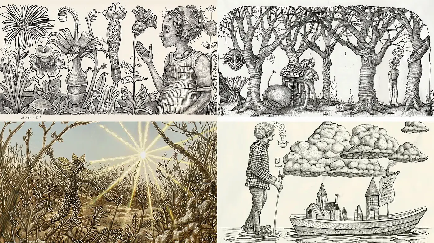 Whimsical and Intricate Line Art with a Storybook Quality - Midjourney sref style