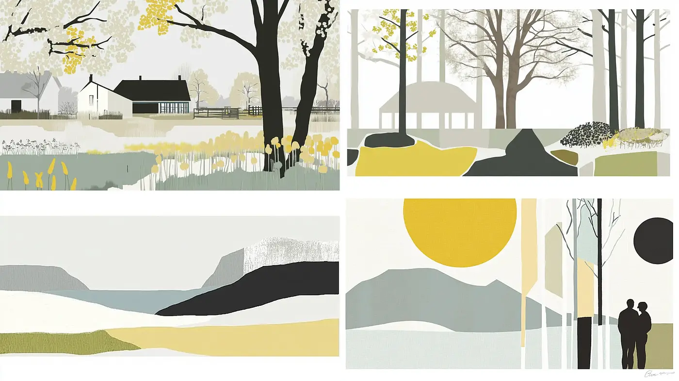 Serene Minimalist Landscapes with Abstract Geometric Influences - Midjourney sref style