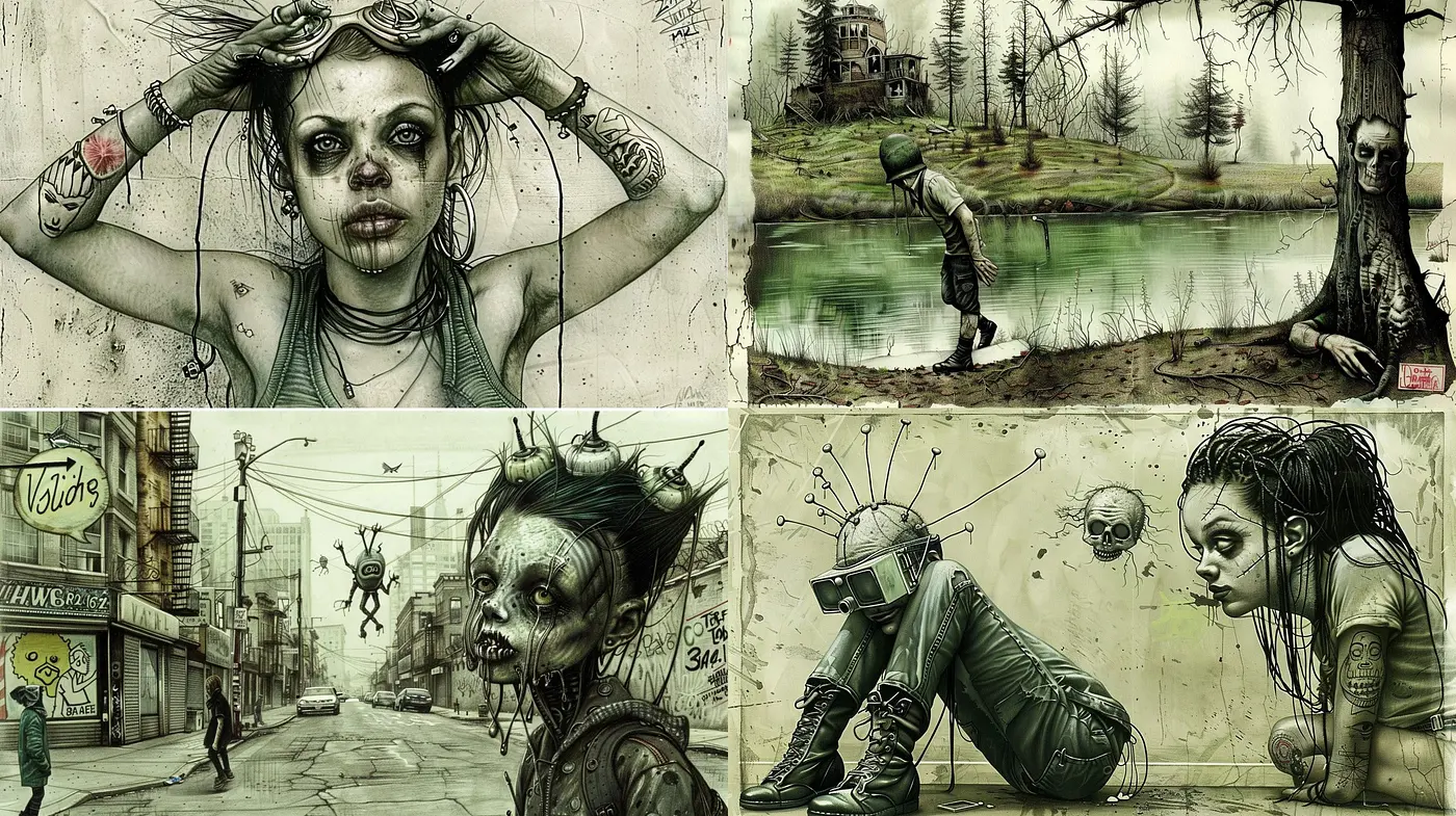 Eerie Subdued Dystopia: A Cohesive Display of Desolation and Decay in Stylized Illustration - Midjourney sref style