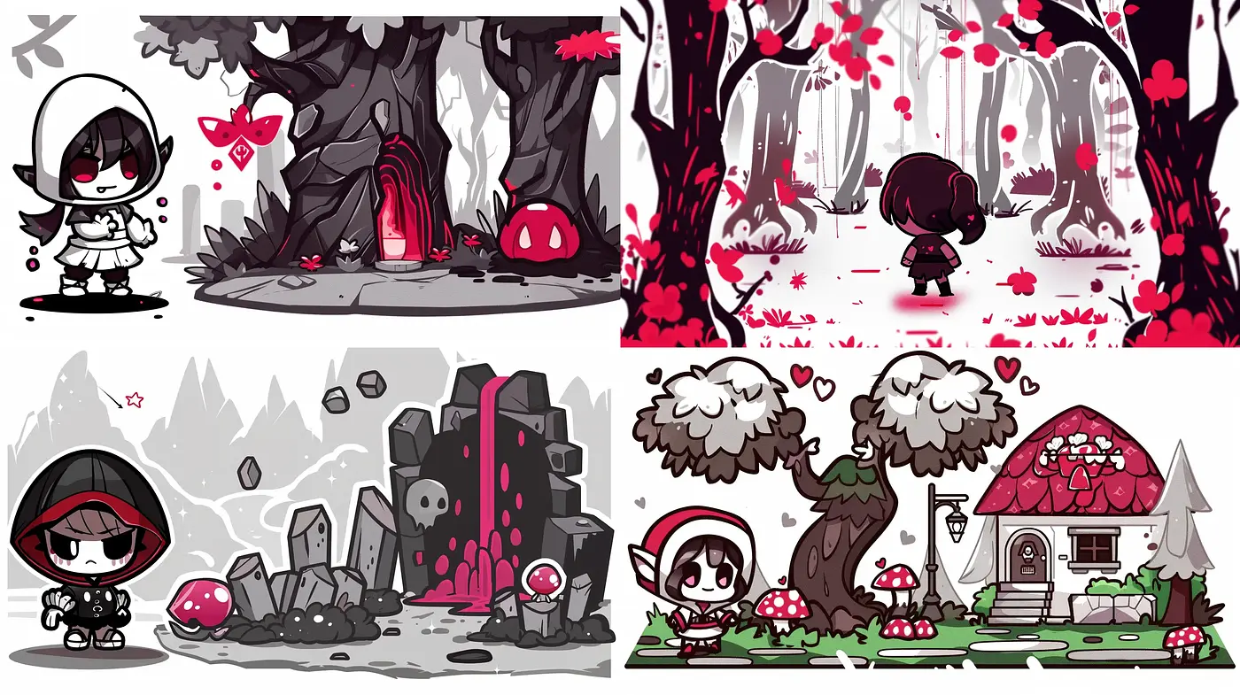 Monochromatic Crimson Accentuated Chibi Art Style - Midjourney sref style