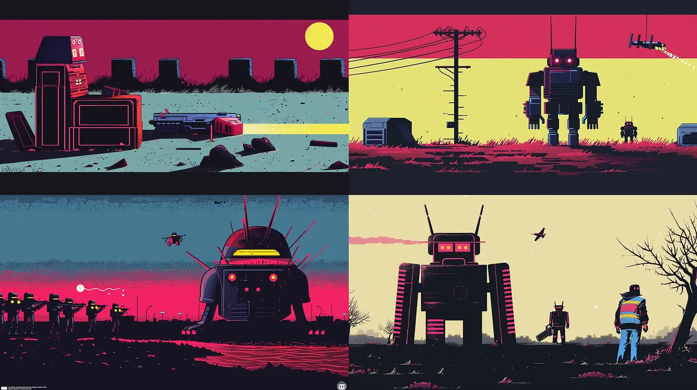 Dusky Silhouettes and Neon Dreams: A Retro-Futuristic Vector Style Journey - Midjourney sref style