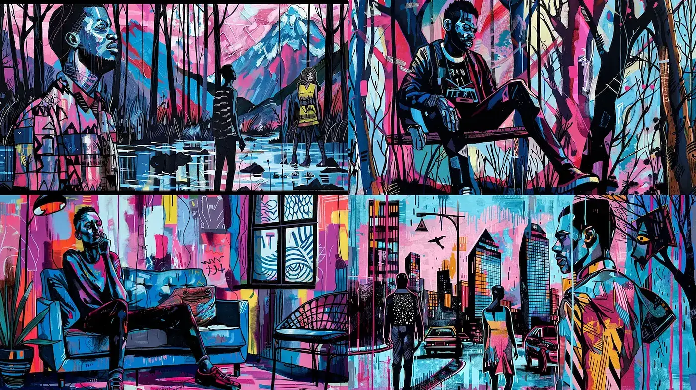 Vibrant Expressionist Scenes with Urban and Nature Elements - Midjourney sref style
