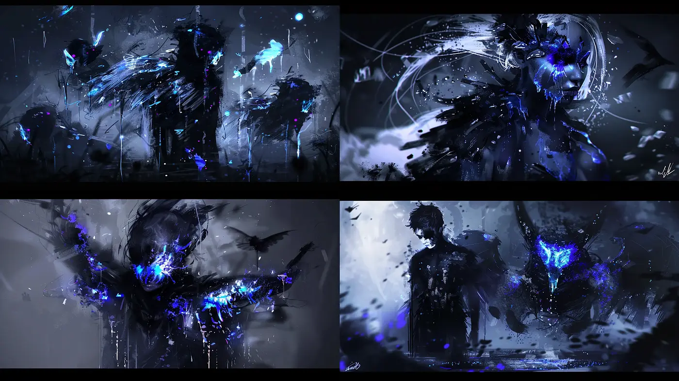 Ethereal Nocturne: A Dance of Chaos and Serenity in Blue and Black - Midjourney sref style