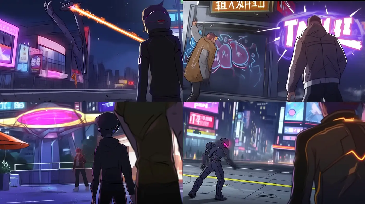 Neon-Noir Cyberpunk Dreamscape: A Synchronized Dance of Colors and Shadows - Midjourney sref style