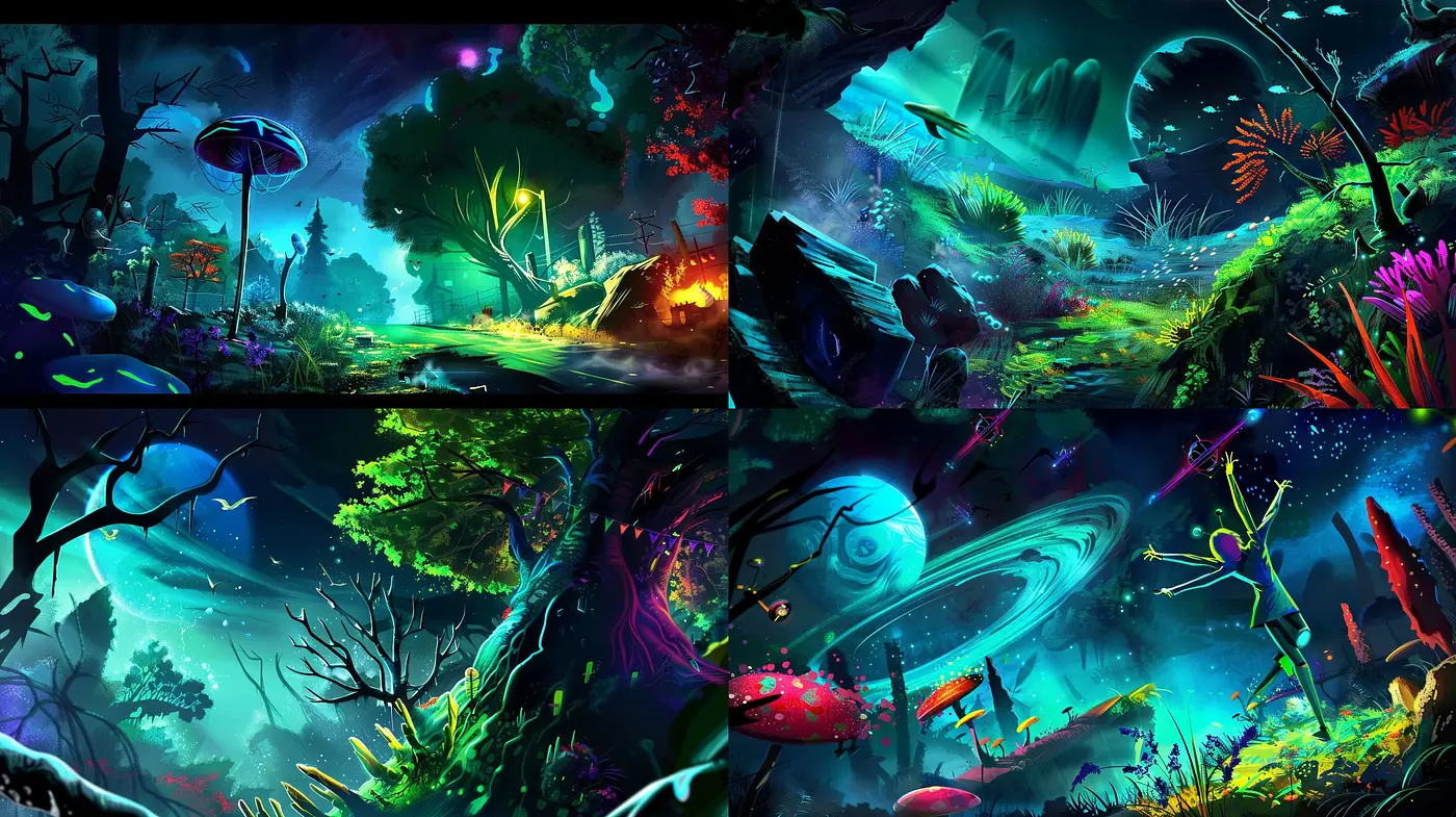 Luminous Dreamscape Fusion: A Vivid Synthesis of Surreal and Psychedelic Art - Midjourney sref style