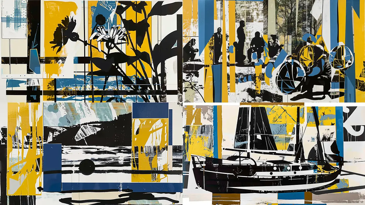 Fragmented Retro Collage with Maritime Essence - Midjourney sref style