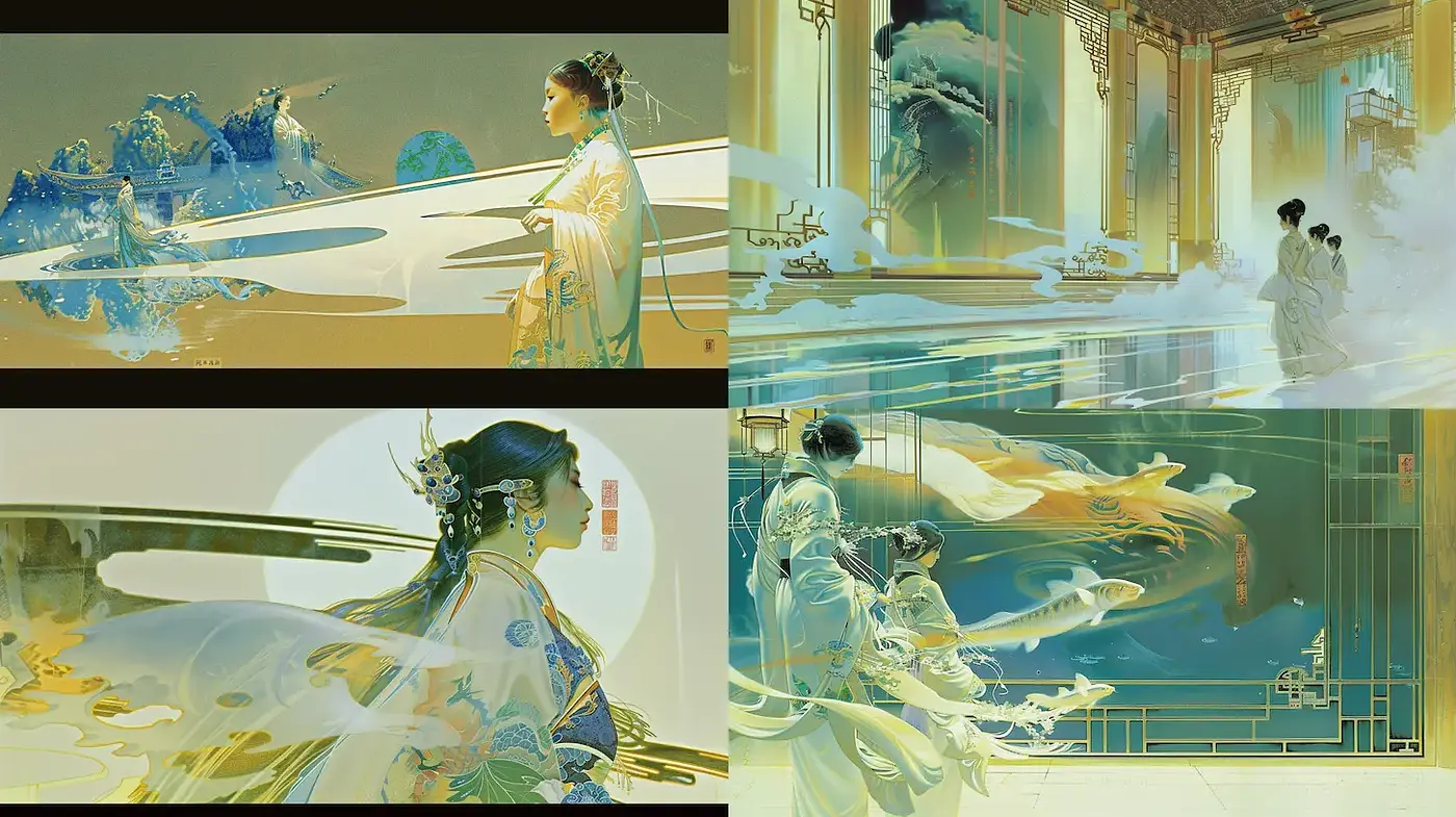 Dynamic Harmony of Flowing Elements and Cultural Ambiance - Midjourney sref style