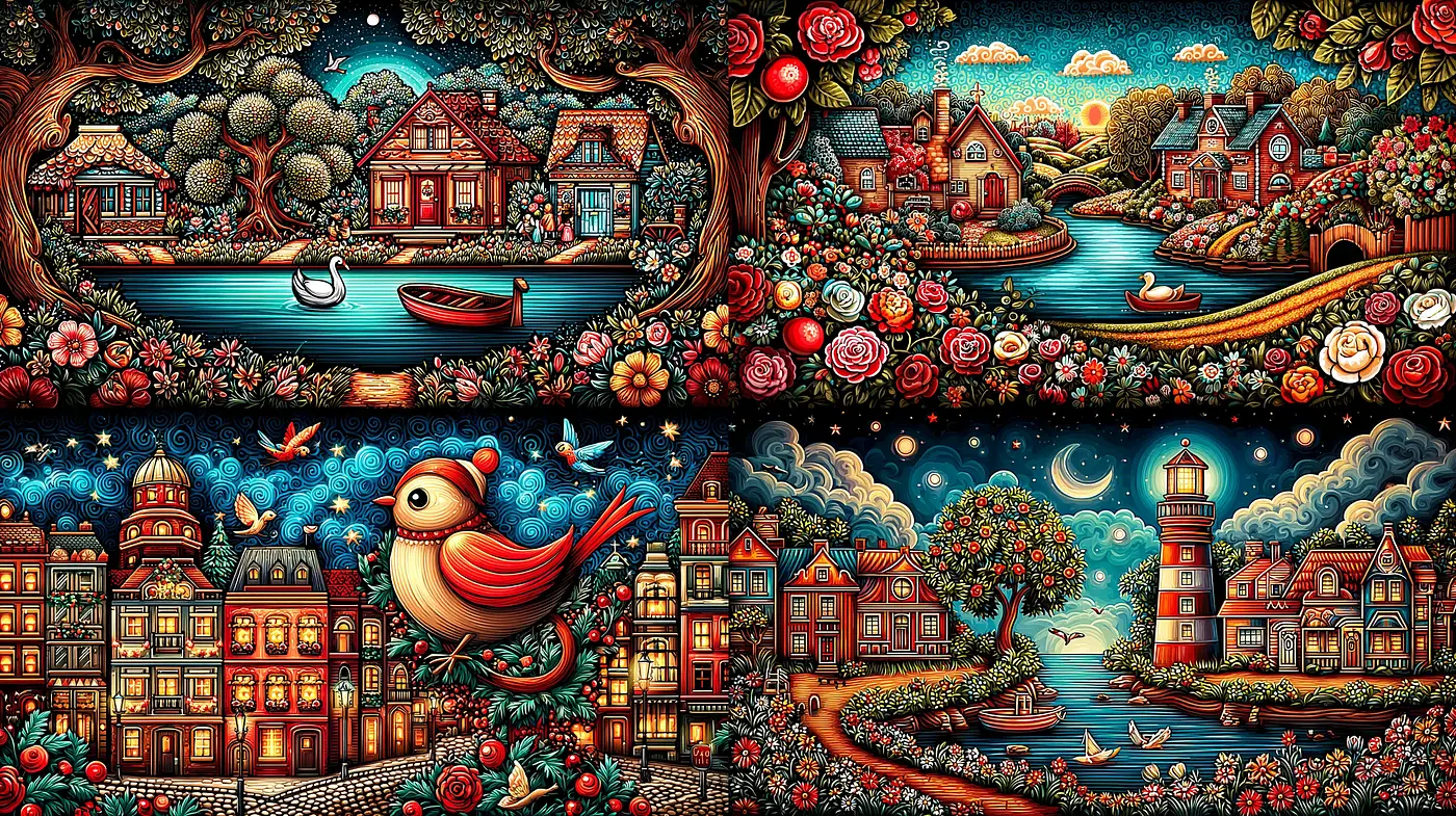 Whimsical and Vibrant Illustrated Landscapes with a Folk Art Influence - Midjourney sref style