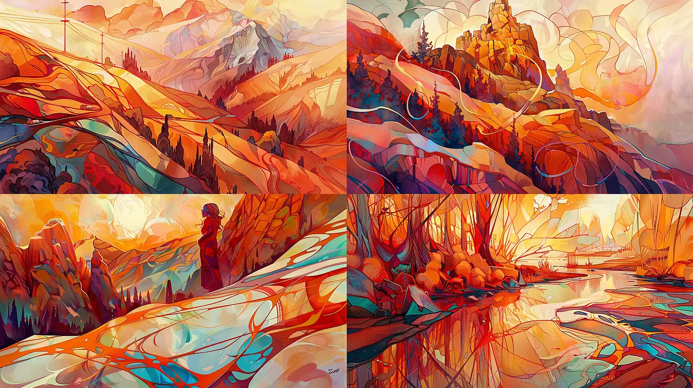 Surreal Autumnal Dreamscape with Fluid Forms and Luminous Hues - Midjourney sref style