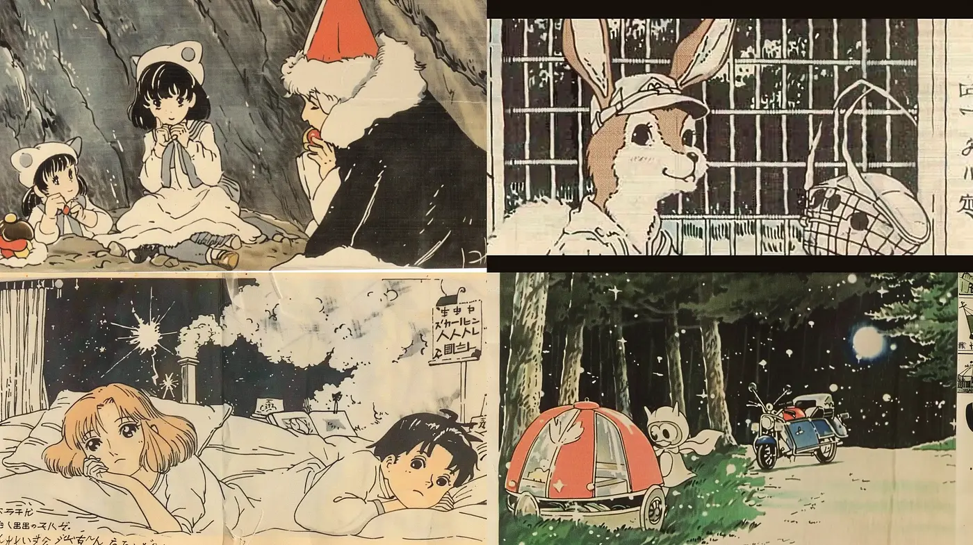 Old-world Illustrated Anime Nostalgia - Midjourney sref style
