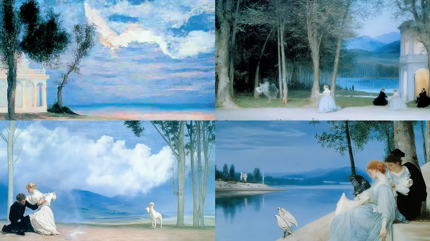 Ethereal Serenity of Pastoral Landscapes in a Dreamlike Impressionistic Fusillade - Midjourney sref style