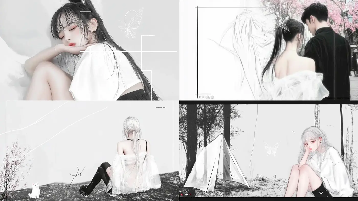 Ethereal Monochrome Dreamscape with Subtle Blush Accents - Midjourney sref style