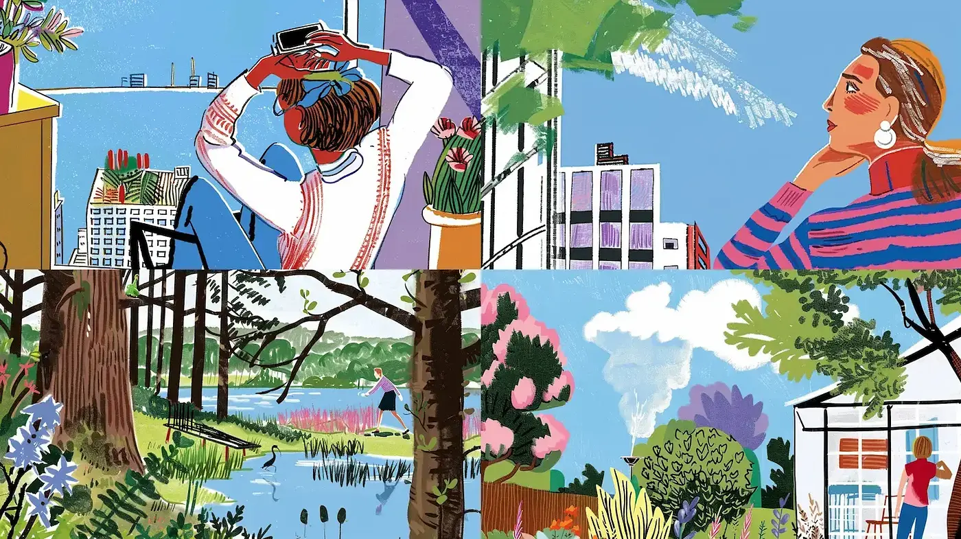 Vibrant Brushwork and Nature-Infused Urban Scenes - Midjourney sref style