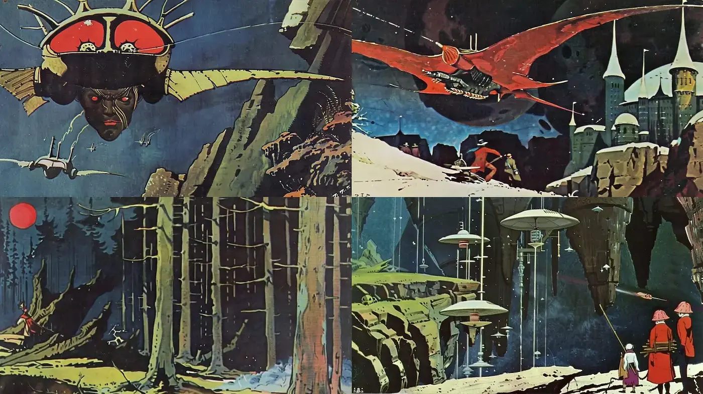 Surreal Exploration of Futuristic Landscapes with Classic Sci-Fi Aesthetics - Midjourney sref style