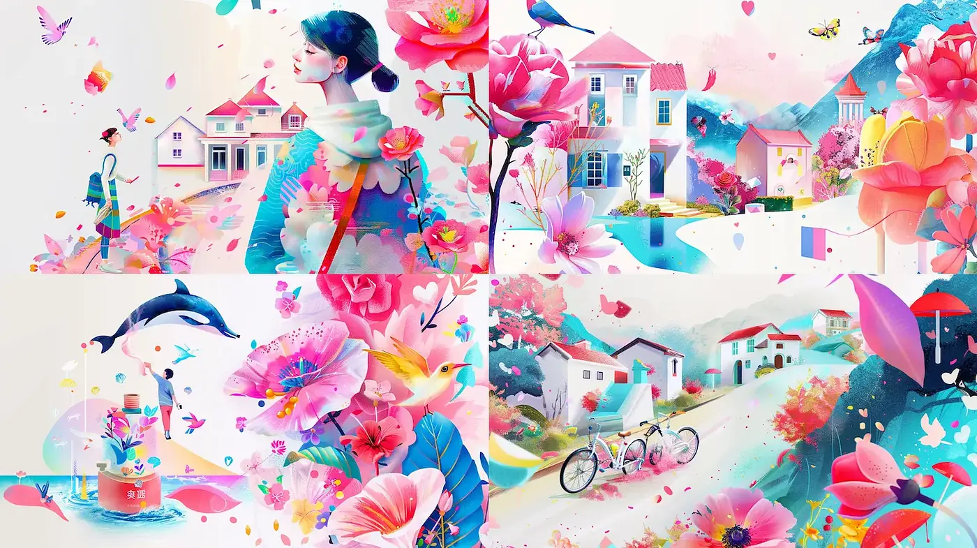 Vibrant Whimsy with Playful Natural Elements and Dreamy Landscapes - Midjourney sref style
