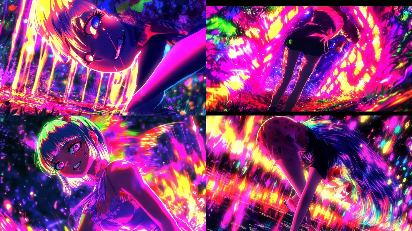 Neon Spectacle: A Synthesis of Vibrant Anime and Psychedelia - Midjourney sref style