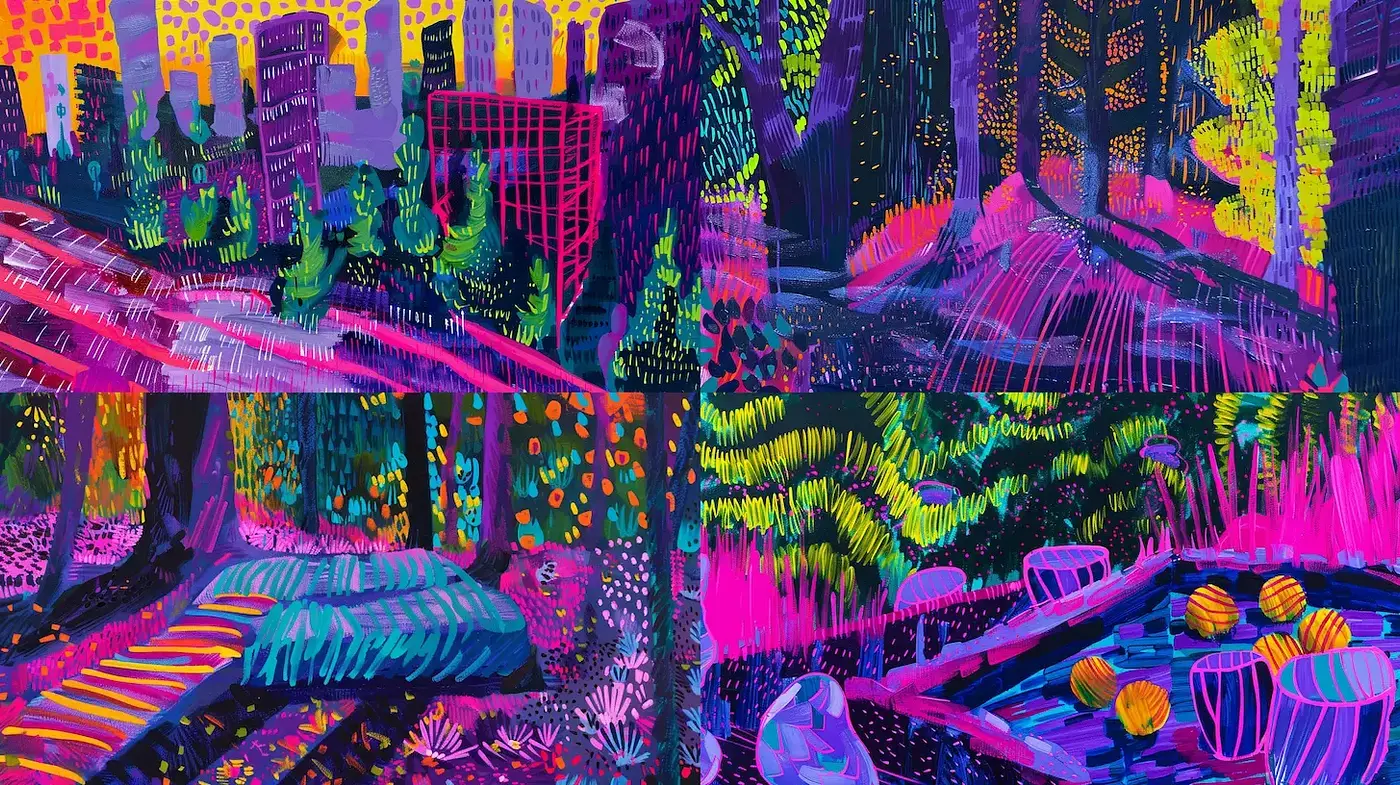 Vibrant and Playful Textured Landscapes with Abstract Elements - Midjourney sref style