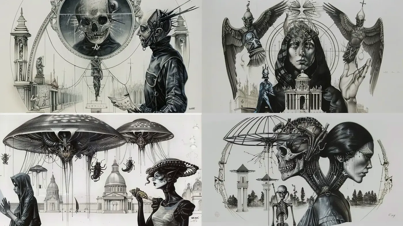 Intricate Surrealism with a Dark Futuristic Flair - Midjourney sref style