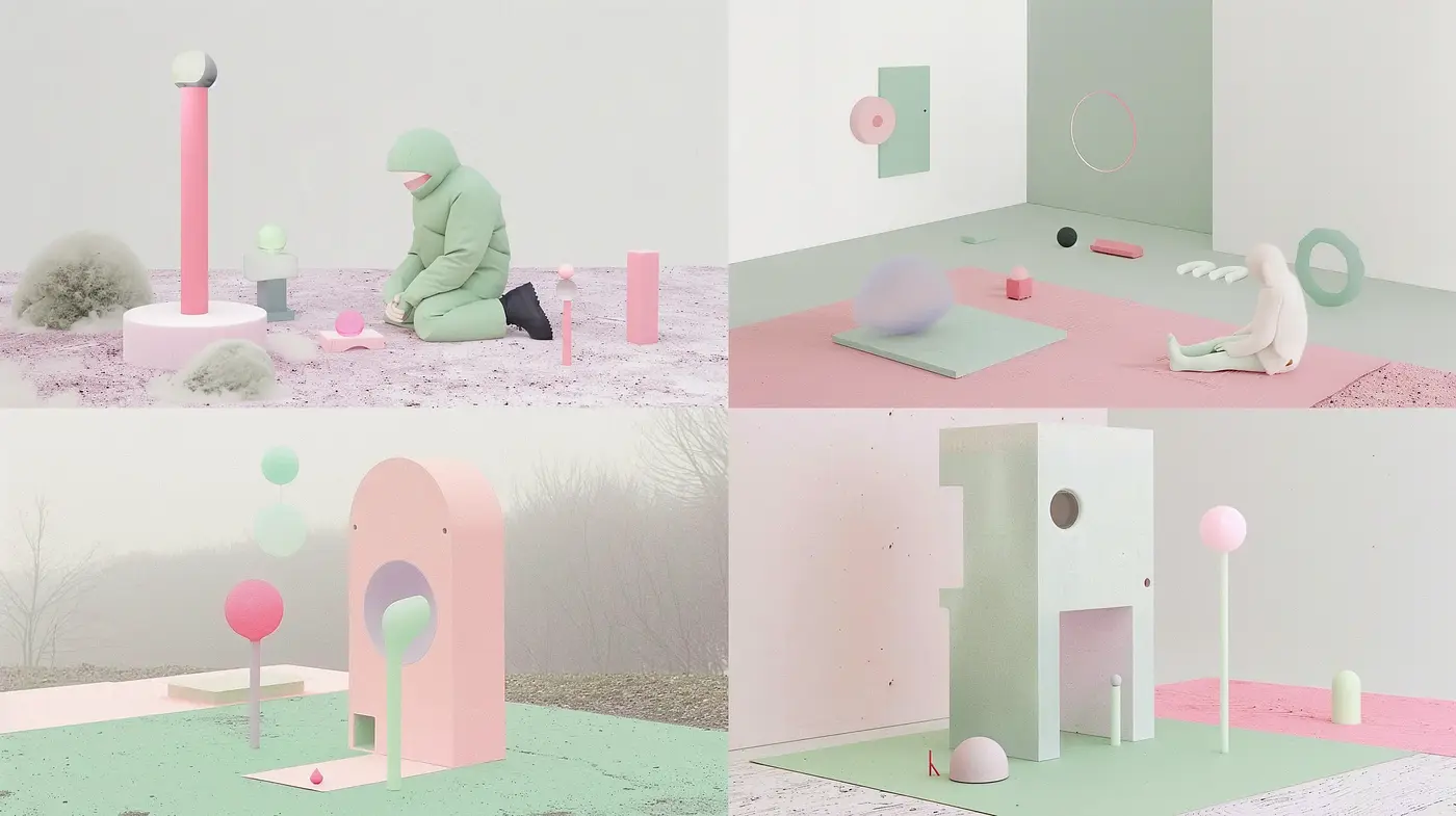 Soft Pastel Geometry: A Dreamy Blend of Surrealist Forms and Contemporary Minimalism - Midjourney sref style