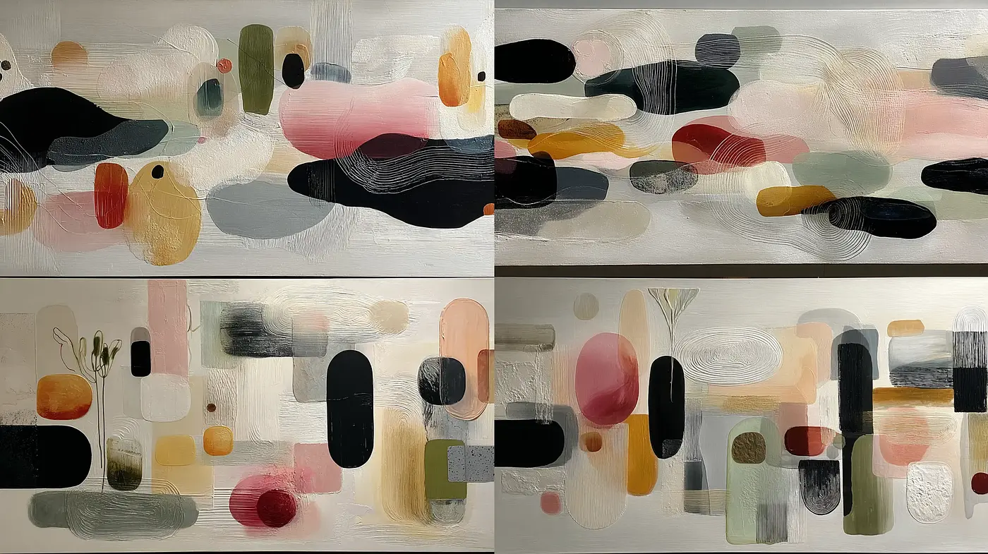 Contemporary abstract playful elegance with organic shapes and soft textures - Midjourney sref style