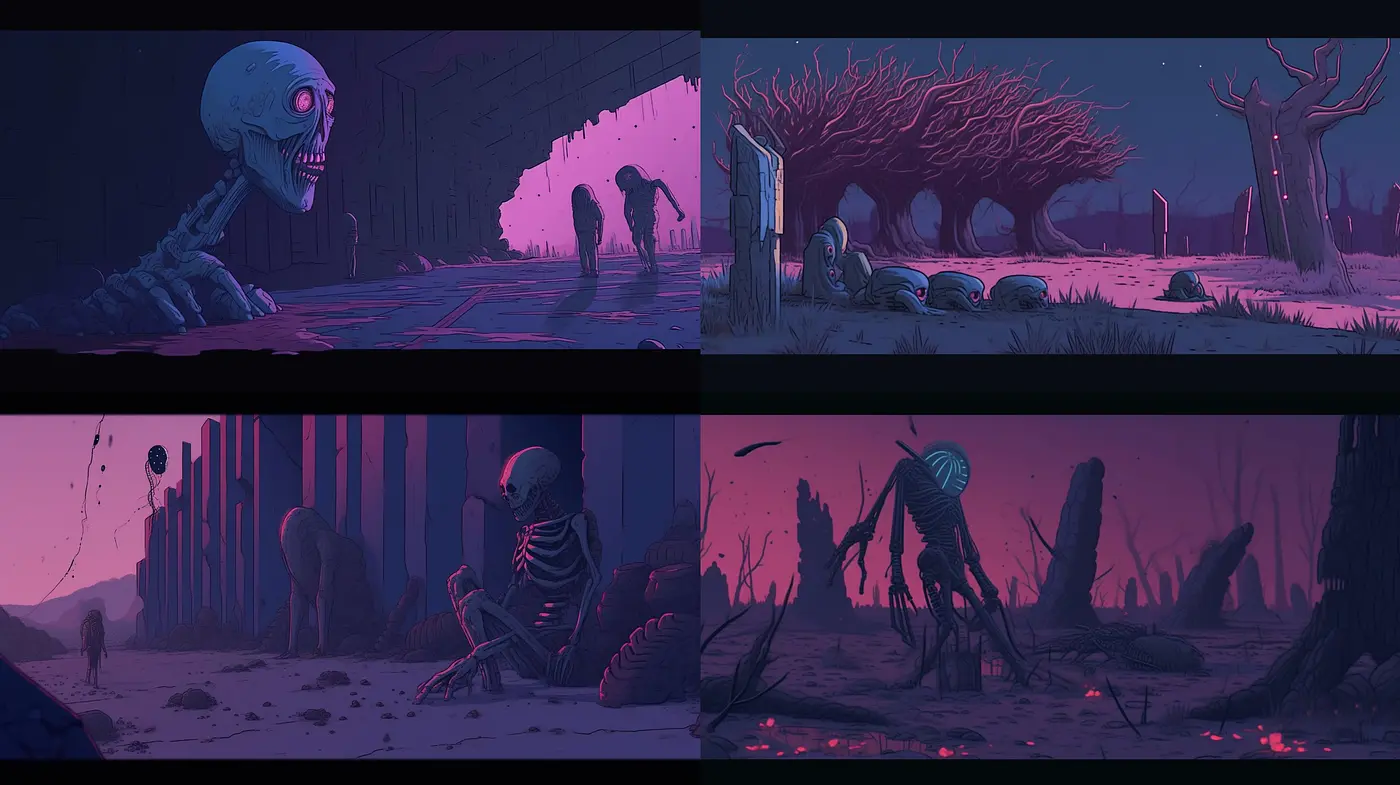 Twilight Elegy of Surreal Desolation: A Study in Monochromatic Harmony and Haunting Atmospherics - Midjourney sref style