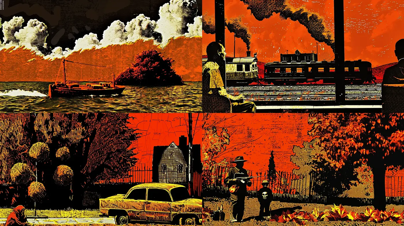Silhouetted Nostalgia in a High-Contrast Retro Print Style - Midjourney sref style