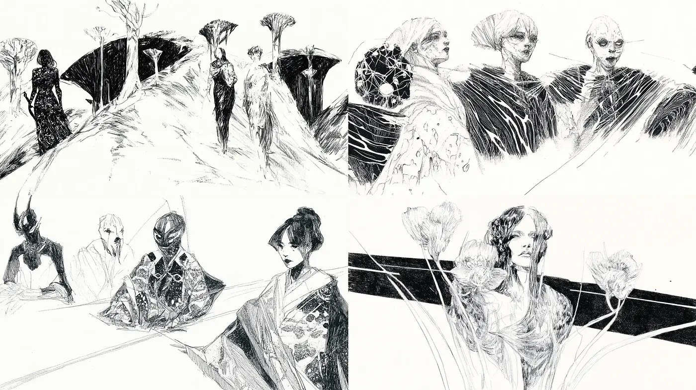 Ethereal Monochrome Dreamscape with Expressionist Undertones - Midjourney sref style