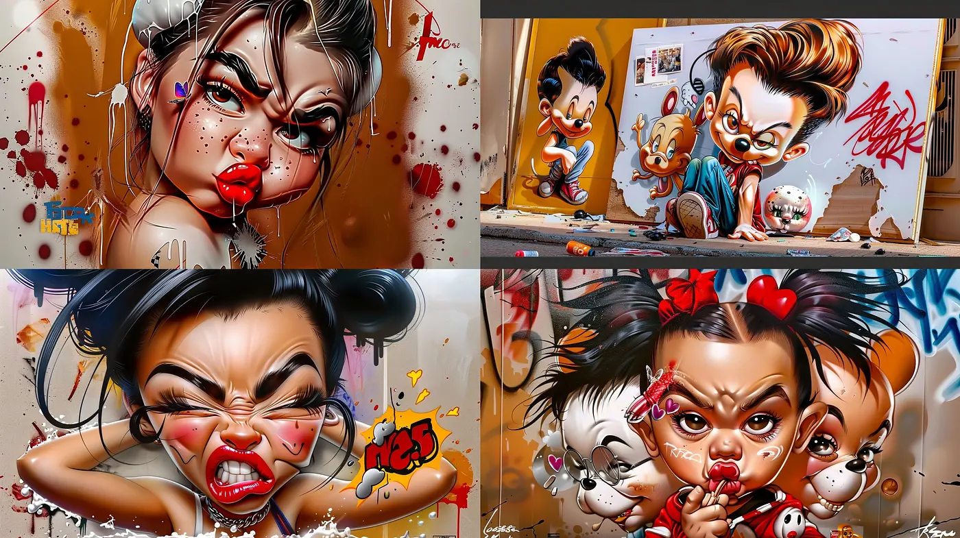 Exaggerated Expressions and Vibrant Graffiti Art Fusion - Midjourney sref style