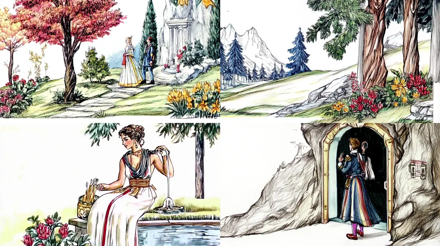 Illustrative Tale of Tranquil Gardens: A Dance of Lines and Pastel Hues - Midjourney sref style