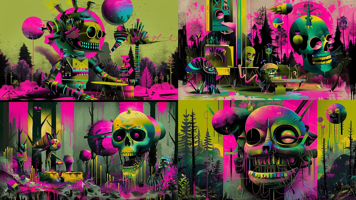 Psychedelic Neon Grotesque: A Fusion of Surrealism and Vibrant Street Art - Midjourney sref style