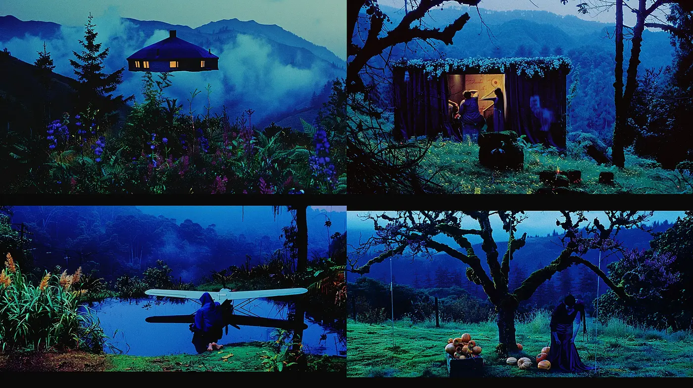 Enigmatic Twilight: A Mystical Journey Through Stylized Nocturnal Landscapes - Midjourney sref style