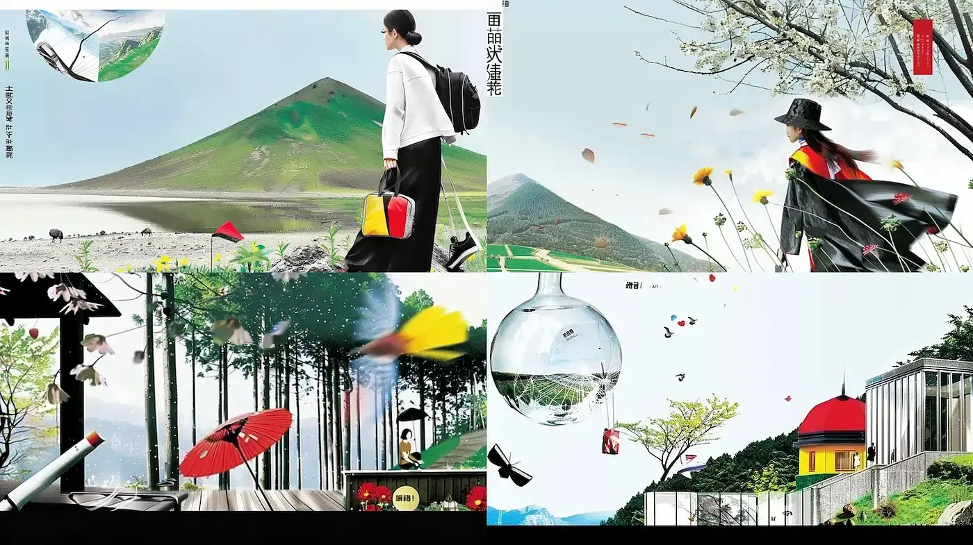 Whimsical Landscapes with Surreal Elements and Vibrant Color Accents - Midjourney sref style
