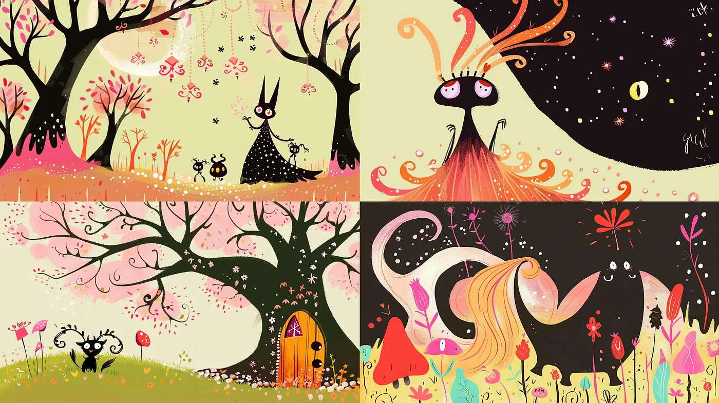 Whimsical Twilight: A Dance of Vivid Hues and Playful Scenes - Midjourney sref style