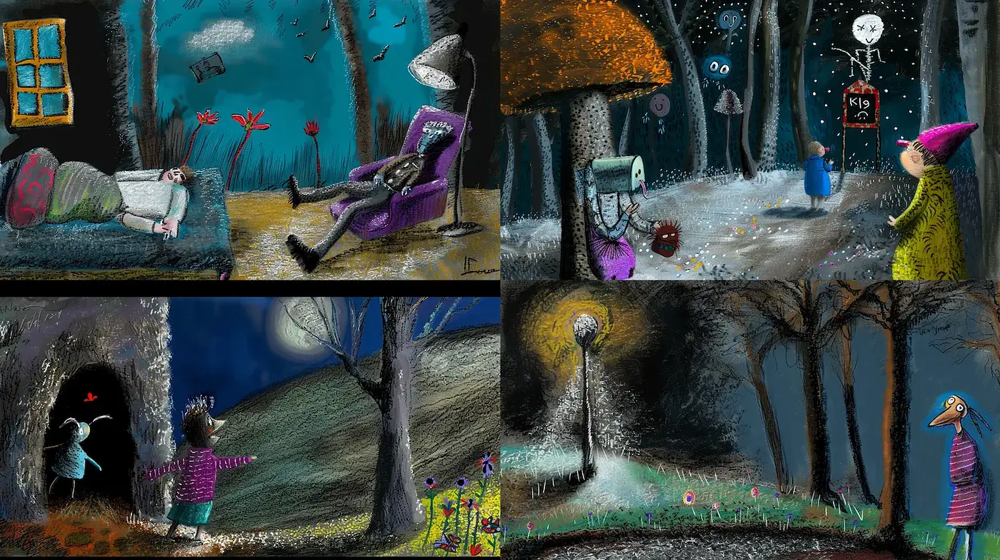 Whimsical Illustrations with a Darkly Playful Aesthetic - Midjourney sref style