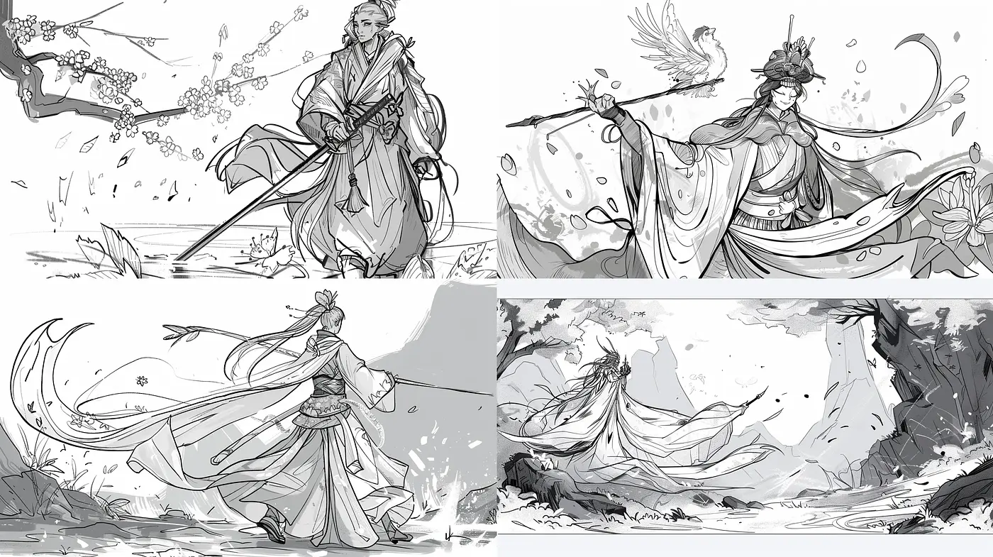 Monochromatic Elegance: A Dance of Ink and Brushstrokes - Midjourney sref style