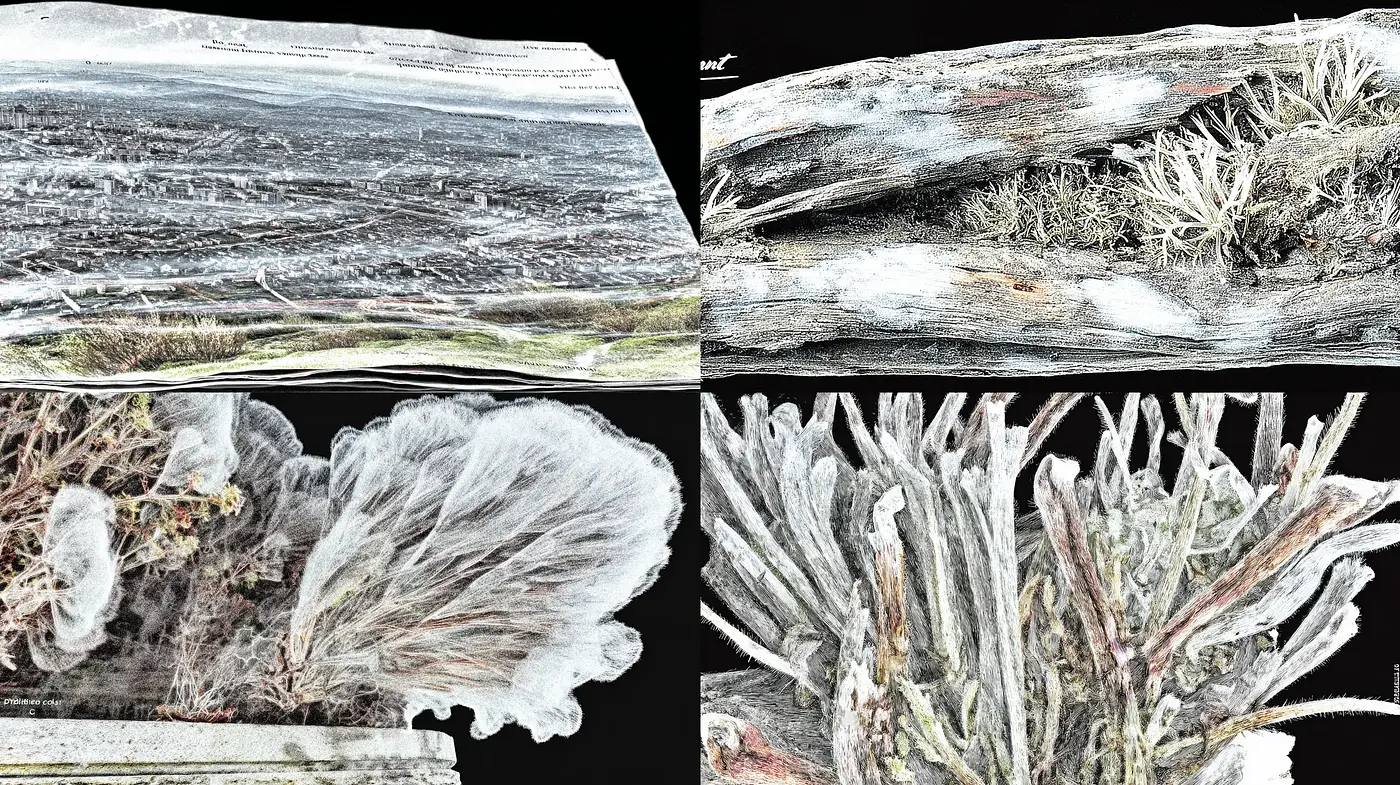 Ethereal and Textural Landscape Interpretations with Organic Elements - Midjourney sref style