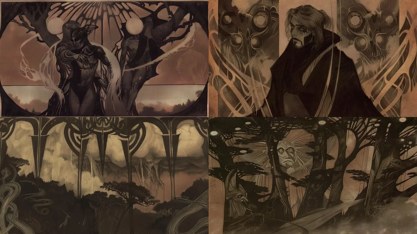 Ethereal Sepia-Toned Dreamscape: A Fusion of Art Nouveau and Surrealist Visions - Midjourney sref style