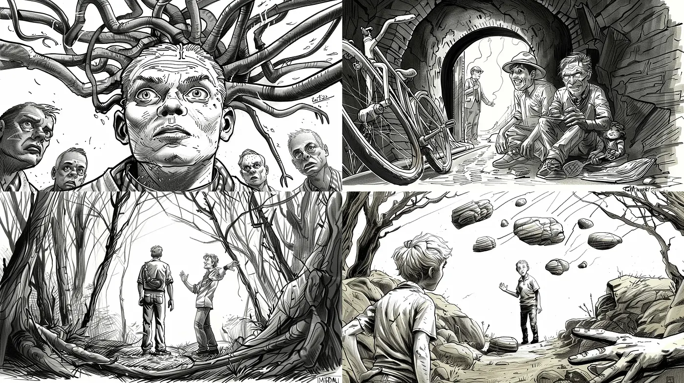Monochromatic Tales of Whimsy and Tension - Midjourney sref style