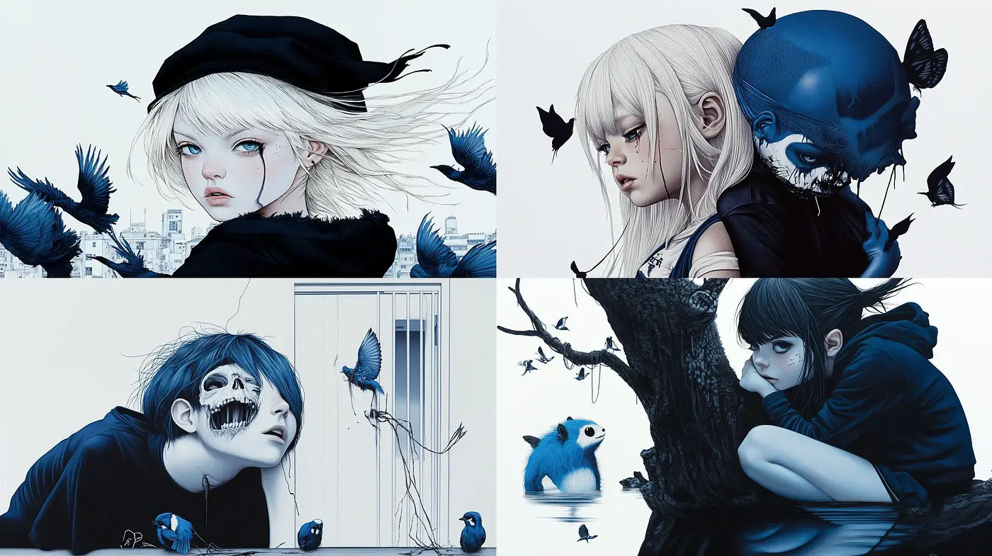 Ethereal Monochrome Elegance with a Splash of Cobalt - Midjourney sref style