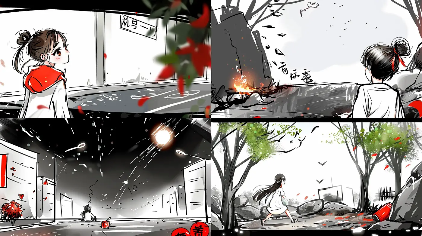 Stylized Monochrome with Selective Color Highlights - Midjourney sref style
