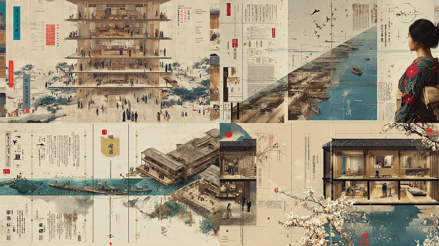 Serene and Intricate East Asian Aesthetic with Architectural Elements - Midjourney sref style