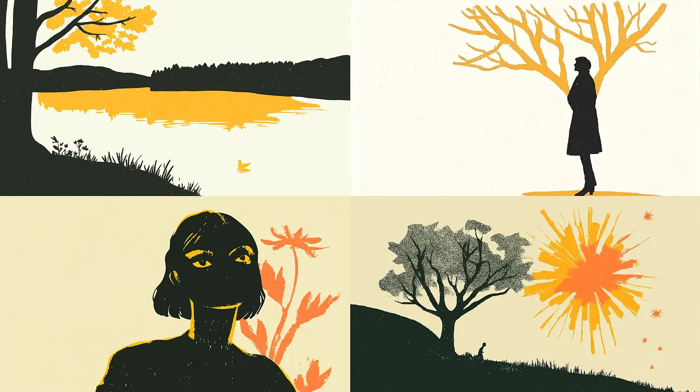 Silhouetted Figures and Nature in Stylized Autumn Hues - Midjourney sref style