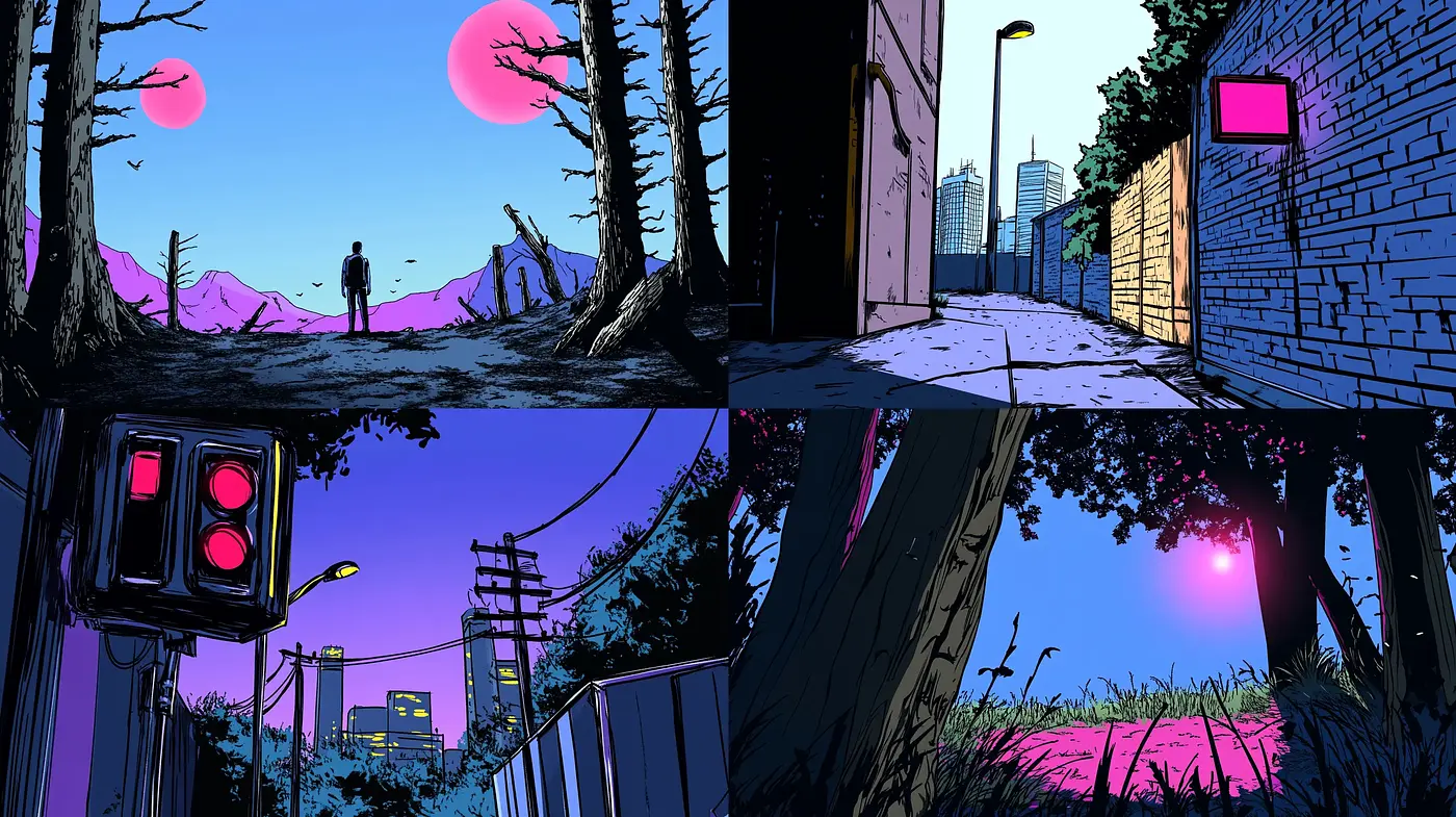 Twilight Hues and Bold Contours: An Homage to Comic Book Artistry - Midjourney sref style
