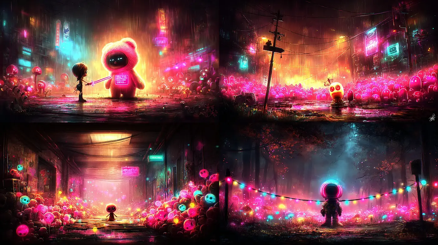 Vibrant Neon Fantasy with a Surreal Urban Aesthetic - Midjourney sref style