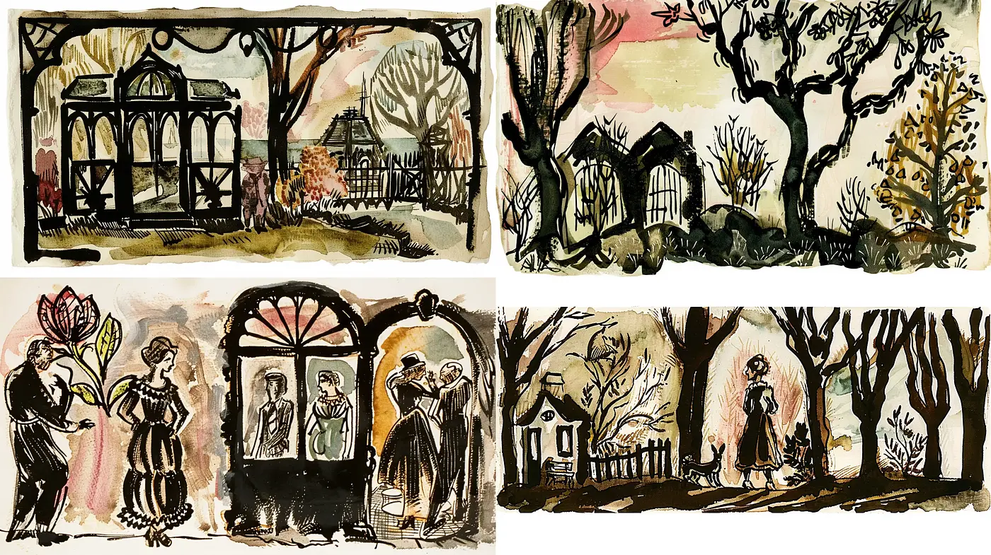 Whimsical Brushwork Vignettes: A Fusion of Ink and Wash in Storybook Illustration - Midjourney sref style